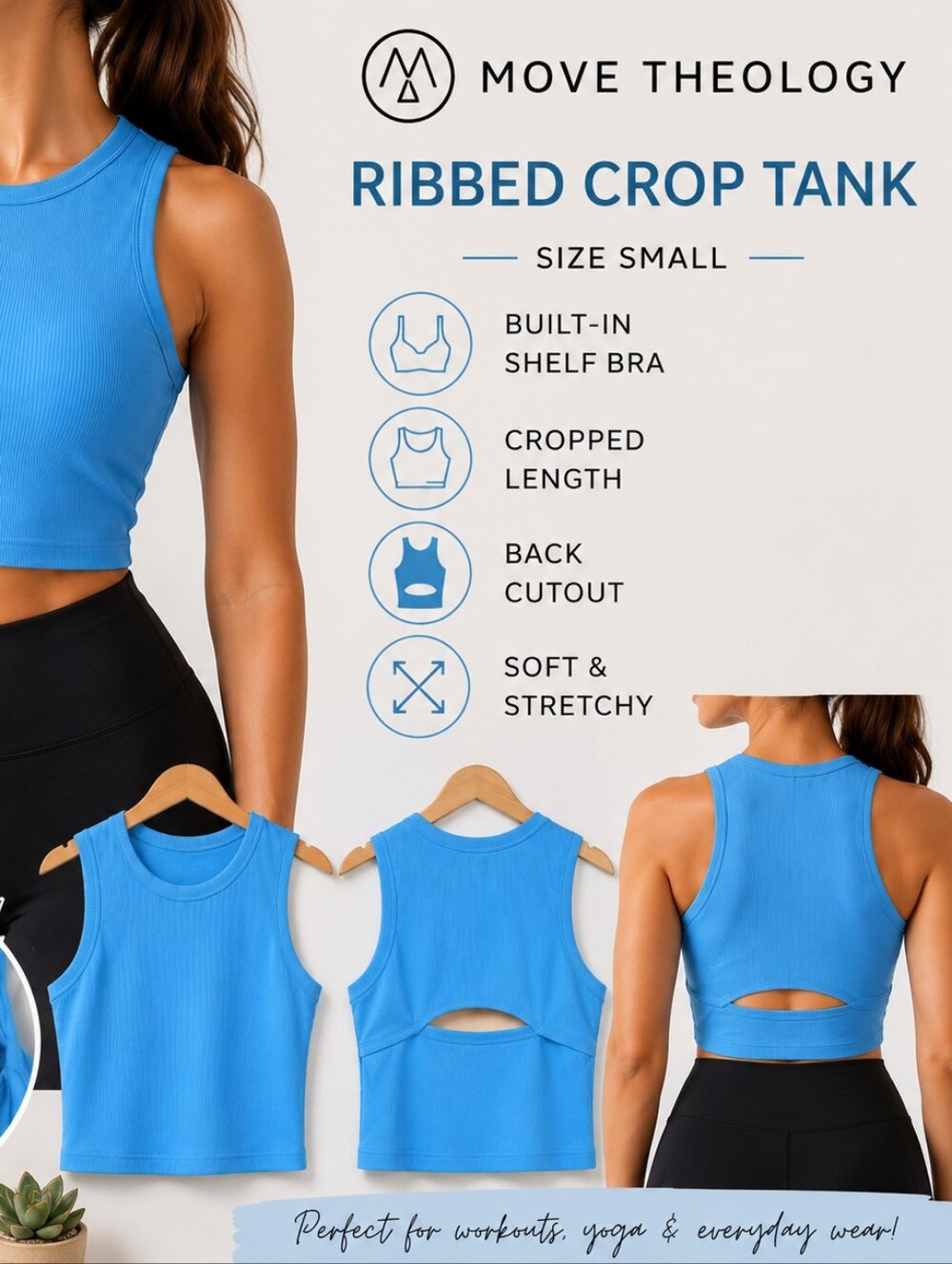 Move Theology Blue Ribbed Crop Activewear Tank Top - Picture 3 of 6